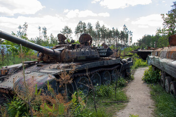 War in Ukraine. Exploded military equipment in the Kyiv region.