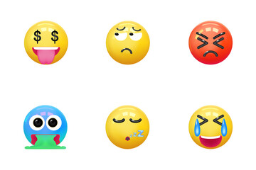 Set of icons face emotion realistic 3d render. Yellow glossy emoticons. vector illustration