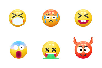 Set of icons face emotion realistic 3d render. Yellow glossy emoticons. vector illustration