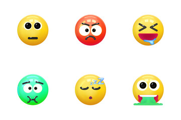 Set of icons face emotion realistic 3d render. Yellow glossy emoticons. vector illustration