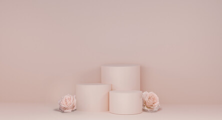 Gentle pastel pink 3 stages circle cosmetic or fashion product display podium with natural and realistic rose 3d rendering image.