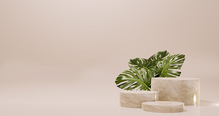 White marble texture 3 stages product display podium with natural tropical green leaves empty spaces 3d rendering image.