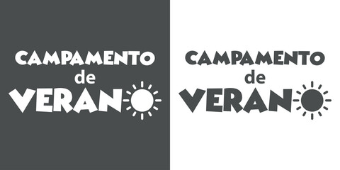 Obraz na płótnie Canvas Texto manuscrito Campamento de Verano en español con silueta de sol para su uso en banner y logotipos en fondo gris y fondo blanco