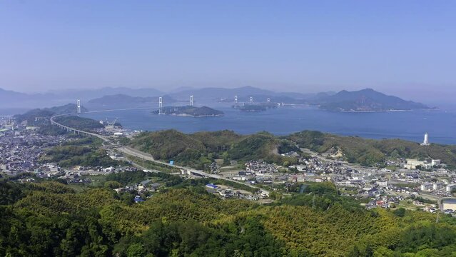 近見山展望台付近から望む来島海峡大橋と瀬戸内海（愛媛県今治市・4K）