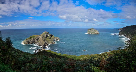 View of the bridge to San Juan de Gaztelugatxe island from above. Biscay Bay, Spain