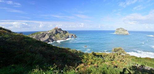 View of the bridge to San Juan de Gaztelugatxe island from above. Biscay Bay, Spain