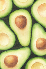 Watercolor illustration. Avocado halves. View from above.