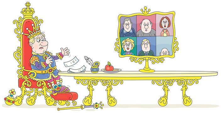 Angry king in a golden crown and solemn royal attire sitting on his throne in a palace and communicating with government officials online via a big magical monitor, vector cartoon