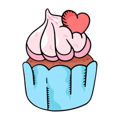 Cartoon cupcake or muffin, vector design element in the style of doodles, isolated on a white background, hand drawn