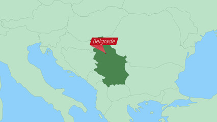 Map of Serbia with pin of country capital.
