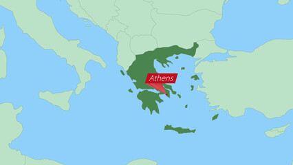 Fototapeta premium Map of Greece with pin of country capital.