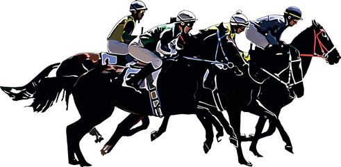 Racehorse with jockey at races. Isolated on a white background