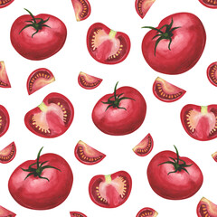 Ripe tomatoes seamless pattern on white. Watercolor hand drawing illustration. Art for decoration