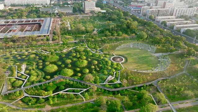 Benjakitti Park or Benchakitti forest park new design walkway in central Bangkok, Thailand