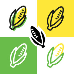 Vector corn icon in five different styles and colors. Logo, line and fill. Healthy food. Vegetarianism, veganism. Yellow vegetable on green.