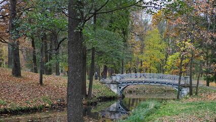 Autumn landscape in the park. Trees, ponds, paths and old bridges. Gatchina Palace Park. City of Gatchina, Russia.