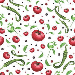 Fresh tomatoes, basil, chili pepper seamless pattern on white. Watercolor hand drawing illustration. Art for decoration