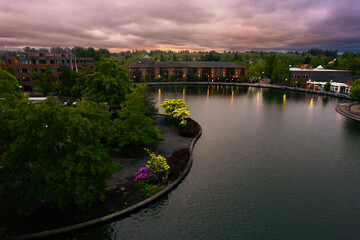 Ariel view of the Tualatin Commons at sunset
