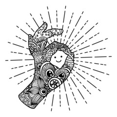 Zentangle hand gesture okay. Vector ornamental and decorative template for postcards, t-shirts, bags, cups, clothing, Wallpaper, posters, coloring books. Linear art illustration for adults and kids.
