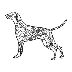 Zentangle Weimaraner dog. Vector ornamental and decorative template illustration for printing on postcards, t-shirts, bags, cups, clothing, Wallpaper, posters, coloring books, interior paintings.