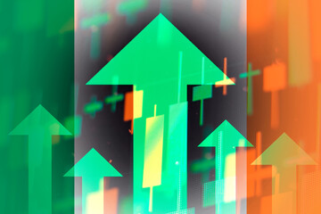Increasing green arrows showing improvements in the economy or growth of stocks on the stock exchange in Ivory Coast.