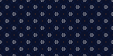 Cute small white flowers pattern doodle shapes motif continuous classic blue background. Modern decoration ditsy floral fabric design textile swatch ladies dress, men's shirt all over print block.