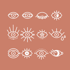 Boho eyes icon set. Geometrical linear eyes collection. White outline. Vector illustration, flat design