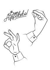 Hands showing delicious food from Italian cuisine with gestures and typography