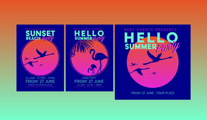 Poster and social template for a summer party, social template, sunset at the beach, summer silhouettes.