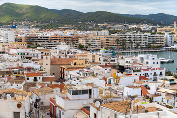 Ibiza, Spain - yachts and boats in the port of San Antonio de Portmany, Balearic Islands, Ibiza, Spain.