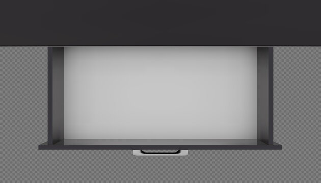 Top view of black empty open drawer of cabinet, cupboard or nightstand. Vector mockup of 3D rendered furniture. Interior office or living room object