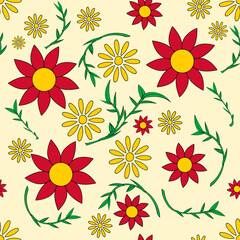Fototapeta na wymiar Red and yellow garden flowers in a seamless repeat grid pattern - Vector Illustration