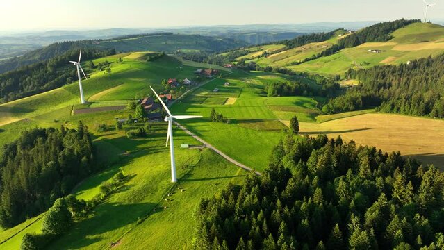 wind farm in idyllic countryside, renewable energy and sustainable development concept, wind turbines in green meadows, alternative energy, natural electricity 