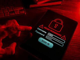 Weak password words on the screen in the dark.