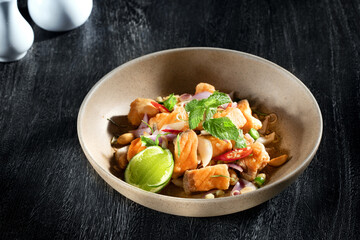 close  up view of nice yummy meal  on dark wooden back