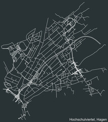 Detailed negative navigation white lines urban street roads map of the HOCHSCHULVIERTEL BOROUGH of the German regional capital city of Hagen, Germany on dark gray background