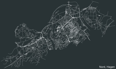 Detailed negative navigation white lines urban street roads map of the NORD DISTRICT of the German regional capital city of Hagen, Germany on dark gray background