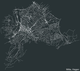 Detailed negative navigation white lines urban street roads map of the MITTE DISTRICT of the German regional capital city of Hagen, Germany on dark gray background