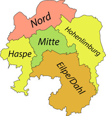 Pastel flat vector administrative map of HAGEN, GERMANY with name tags and black border lines of its districts