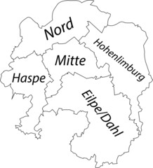White flat vector administrative map of HAGEN, GERMANY with name tags and black border lines of its districts