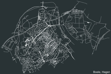 Detailed negative navigation white lines urban street roads map of the BOELE BOROUGH of the German regional capital city of Hagen, Germany on dark gray background