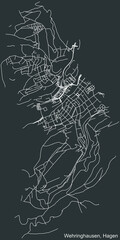 Detailed negative navigation white lines urban street roads map of the WEHRINGHAUSEN BOROUGH of the German regional capital city of Hagen, Germany on dark gray background
