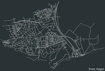 Detailed negative navigation white lines urban street roads map of the EMST BOROUGH of the German regional capital city of Hagen, Germany on dark gray background