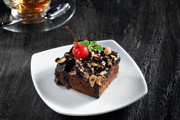 close up view of nice fresh cake on grey back