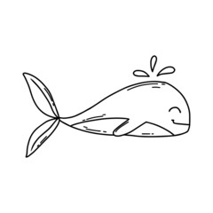 Cute whale in doodle style. Baby line whale .Vector illustration.