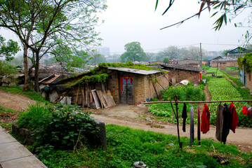 Farmer houses on the Li River in Yangshuo, Guangxi, China