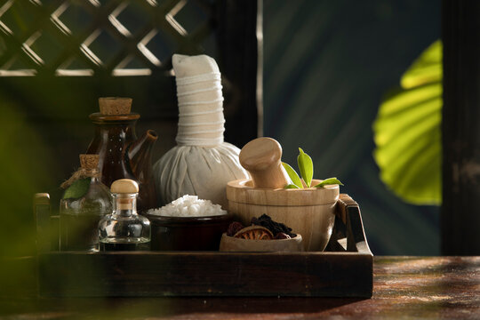 view of spa theme objects on tropic color back 