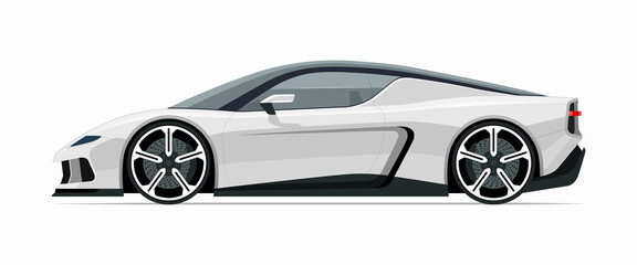 Modern sports car mockup. Left side view of a sports coupe isolated on white background. Vector white sportscar template for branding, advertisement, logo placement. Easy editable.