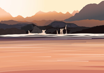 Landscape with cascade waterfall in cartoon flat style.  Water jet falling from stones in mountain lake © iryna