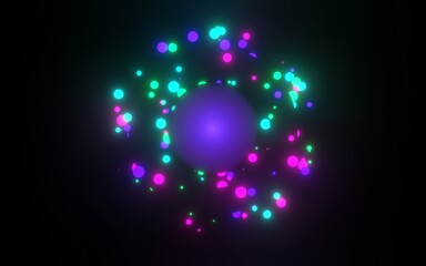 Abstract background multicolor neon balls flying in black space 3d render